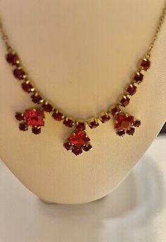 Vintage Mid Century Cherry Red Rhinestone 3 Plaque Goldtone Necklace 18” | eBay Red Rhinestone, Vintage Rhinestone, Vintage Costume Jewelry, Cherry Red, Vintage Costumes, Costume Jewelry, Gold Tones, Tin, Cherry