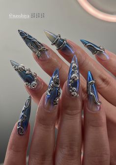 Chaotic Nail Designs, Nailcissist Nails, Hard Nails Designs, Cyberpunk Acrylic Nails, Futuristic Nails Aesthetic, Cybersigilism Nail Art, Edgy Nails Grunge, Interesting Nail Designs