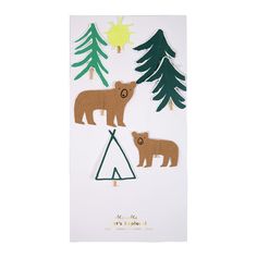 the bear and cub stickers are made out of paper, with trees in the background