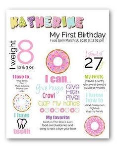 a poster with donuts and numbers on it for a first birthday party or baby shower