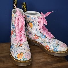 Dr. Martens 1460 With Flowers Size 8 With Docs Pink Ribbon Laces. They Do Have A Small Cut Inside The Tongue As Seen In The Picture. I Purchased Them A Couple Of Weeks Ago, But I Never Worn Them Because I Want To Find The Mie Version. No Original Box Included. Shoes Dr Martens, Ribbon Laces, Preppy Shoes, Pink Boots, Stardew Valley, Dr Martens Shoes, Floral Color, Shoe Closet, Moto Boots