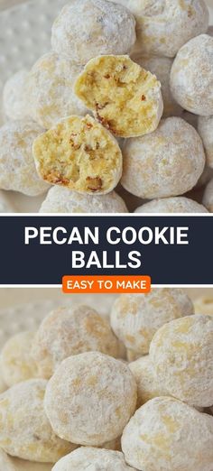 a bowl filled with powdered sugar cookies and the words pecan cookie balls easy to make