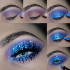 Blue Glitter Eyeshadow, 80s Eye Makeup, Glitter Eyeshadow Makeup, Makeup Suggestions, Silver Eye Makeup, Make Up Designs, Drag Make-up, Shimmer Makeup, Glitter Eye Makeup