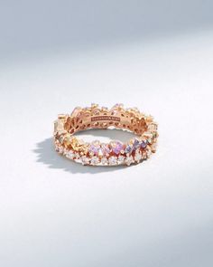 This exquisite eternity band showcases a captivating sequence of princess-cut pastel sapphires, complemented by the subtle radiance of round white diamonds. Set in rich 18-karat gold, the interplay of the gemstones create a stunning visual harmony. Details 18k rose gold 1.25 carat of princess-cut pastel sapphires 0.60 Pastel Rings, Sapphire Eternity Band, Dream Rings, Short Stack, Gemstone Wedding Rings, Wrist Jewelry, Pretty Rings, Jewelry Companies, Jewelry Inspo