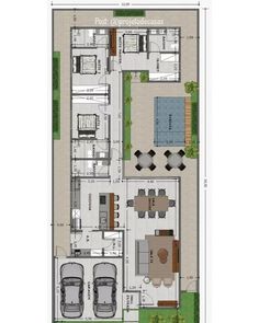 the floor plan for a house with two car garages and an attached swimming pool