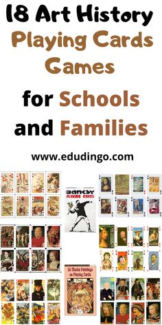 an advertisement for the art history playing cards games for schools and families, with images of children