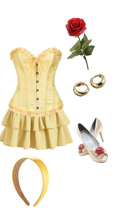 a yellow corset and accessories including shoes, bracelets, ringlets and a rose