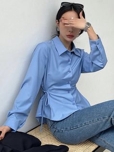 Solid Color Business Casual V-Neck Long Sleeve Cinched Waist Women Blouse Blue Casual  Long Sleeve Polyester Plain Shirt Non-Stretch Spring/Fall Women Clothing, size features are:Bust: ,Length: ,Sleeve Length: Laurie Harvey, Long Shirt Outfits, Trendy Things, Modest Blouse, Blue Shirt Women, Winter Ideas, Trendy Fashion Tops, Mode Inspo, Inspired Outfits