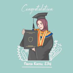 a woman in graduation gown holding a book with congratulations written on the front and side