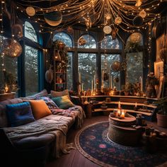 a living room filled with furniture and lots of lights