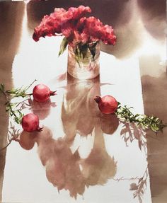 a painting of red flowers in a glass vase on a table with water and shadows