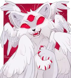 a white cat with red eyes and wings