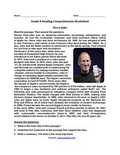 an image of steve jobs reading the text on his book, grade 4 reading companion worksheet