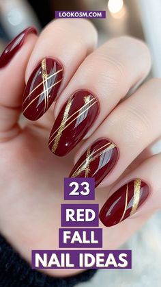 Red Wedding Nail Designs, Autumn Red Nails Design, Red Combo Nails, Silver And Red Nails Ideas, Nail Designs For Red Nails, Fall Dark Red Nails, Burgundy Nails Gold Accent, Scarlet Nails Design, Fall Nail Designs Maroon