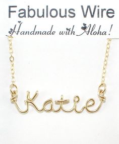 Handmade personalized gold wire name necklace, beauty and unique.Made from a single 14K gold filled wire, form any name of your choice.A great personalized meaningful gift for every body.PLEASE NOTE: When you place your order, before check out, in the note write to indicate the personalized necklace name.Comes with 14K gold filled chain, customized from 12 inches up to 18 inches.All findings are 14K gold filled. Gold Jewelry With Name For Bridesmaid Gift, Gold Minimalist Name Necklace For Bridesmaid, Gold Name Necklace For Bridesmaid Gift, Wire Lettering, Wire Writing, Necklace Sister, Wire Letters, Diy Keychains, Engagement Ring Holders