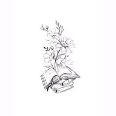 a pencil drawing of a book and flowers