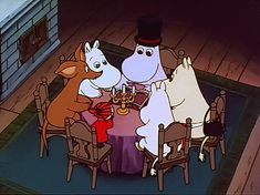 two cartoon dogs sitting at a dinner table