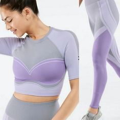 Nwt Fabletics 2 Piece Set. Sofia Seamless Crop Top Size Xl & High Waisted Seamless Color Block Legging. Size Xl Tall. Color : Frosted Lilac Both Sexy And Sporty! Second-Skin Fabric Enhanced With Curve-Contouring Compression. 50% Nylon 44% Polyester 6% Elastane Lavender Fitted Activewear For Gym, Fitted Lavender Activewear For Gym, Purple Compression Sports Bra For Workout, Compressive Seamless Purple Sports Bra, Lavender Sporty Activewear For Loungewear, Purple Moisture-wicking Medium Support Activewear, Lavender Athleisure Activewear For Loungewear, Purple Moisture-wicking Activewear With Medium Support, Purple Breathable Activewear With Medium Support