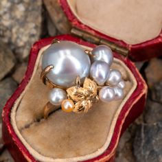 This pearl cluster ring featured a larger baroque grey pearl accented with a textured gold leaf and eight round or cultured grey and golden pearls. The ring is crafted in 10k yellow gold and is currently a size 5.25. Pearl Cluster Ring, Pearl Rings Vintage, Pearl Cluster, Silver Coat, Vintage Pearls, Pearl Grey, Gold Texture, Baroque Pearls, Cluster Ring