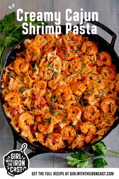 creamy cajun shrimp pasta in a cast iron skillet