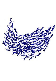 a large flock of fish swimming across a white surface in blue ink on the paper