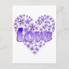 a card with the word love written in purple surrounded by daisies on a white background