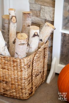 a basket filled with logs sitting next to a pumpkin