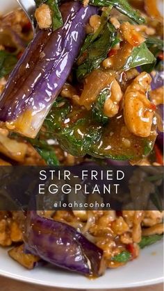 stir fried eggplant in a white bowl