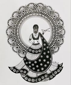 a black and white drawing of a woman in a dress with an ornate design on it