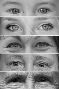 four different pictures of an old woman's eyes