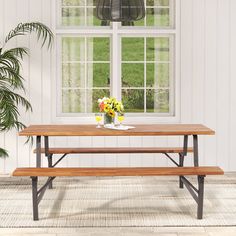 This patio picnic table and bench set is made of high-density acacia wood and sturdy metal frame, which can accommodate 6 people together at the same time. It comes in 2 boxes, with clear instructions for easy assembly. The tabletop and each bench can hold a significant amount of weight, and there is ample room under the table for convenient storage. The set is designed with a 2" umbrella hole to fit most patio umbrellas, making it perfect for outdoor leisure time under the shade. With a compact size, it is ideal for places with limited space. BABOOM 71-in Brown Wood Rectangle Picnic Table | BOM-465+-CO Patio Picnic Table, Outdoor Picnic Table, Patio Benches, Picnic Table Bench, Wooden Picnic Tables, Patio Picnic, Table And Bench Set, Bench Set, Outdoor Picnic Tables