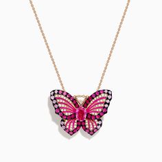 Nature 14K Rose Gold Pink Sapphire Ruby and Diamond Butterfly Pendant 14k Rose Gold Fine Jewelry For Valentine's Day, Pink 14k Gold Necklace For Valentine's Day, Pink Fine Jewelry For Mother's Day, Elegant Pink 14k Rose Gold Jewelry, Mother's Day Pink Fine Jewelry, Mother's Day Fine Pink Jewelry, 14k Gold Jewelry With 17 Pink Jewels, Pink 14k Gold Necklaces For Weddings, Pink Gold Diamond Jewelry For Party