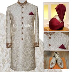 Description To reflect your style and personality get this elegant make to order Sherwani in masori embroidered fabric with copper & maroon color micro hand embellishments. Get this full package sherwani, turban, pocket square and shoes. This groom wear sherwani can be effective to make your look impressive with embroidery and micro enameled unique work. And on this sherwani maroon and gold colored turban will enhance your personality on your big day. Sherwani Design, Wedding Dresses Men Indian, Sherwani For Men, Wedding Dress Men, Formal Mens Fashion, Groom Wear, Embroidered Fabric, Maroon Color, Pocket Square