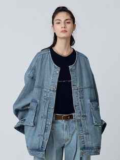 This is a denim jacket with a street vibe due to its oversize and natural wash. It is a crewneck without a collar, so it is great for layering with an inner layer, and has a square out pocket on the front, creating a three-dimensional silhouette.- Practical with usable pockets- 100% cotton material for excellent wearing comfort- Opening and closing with canton button- Easy to wear with dropped shoulder Trendy Oversized Washed Utility Jacket, Oversized Medium Wash Utility Denim Jacket, Oversized Medium Wash Denim Jacket In Utility Style, Oversized Utility Denim Jacket In Medium Wash, Oversized Denim Jacket With Patch Pockets For Everyday, Oversized Medium Wash Denim Jacket With Patch Pockets, Oversized Denim Blue Outerwear With Patch Pockets, Oversized Utility Denim Jacket In Blue, Oversized Denim Blue Utility Jacket For Fall