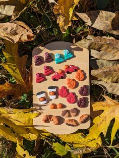 a wooden board topped with lots of different types of cookies on top of leaf covered ground