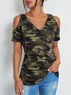 Camo Print Cold Shoulder Tee Multicolor Casual  Short Sleeve Fabric Camo  Slight Stretch Summer Women Clothing, size features are:Bust: ,Length: ,Sleeve Length: Camouflage Top Outfit, Camouflage T Shirts, Womens Camo, Camo Shirts, Women T Shirts, Camo Print, Women Tops, Print T Shirts, Summer Women