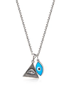 Pendants in 925 Sterling Silver Turquoise Enamel Chain in Stainless Steel with Vintage Silver Finish Handmade in Los Angeles Product Code: MNEC_081 Designer's NotesStrung by hand in our LA studio with a sterling silver Evil Eye and Eye of Ra pendant - both strong symbols for protection and good health. Wear this unique piece solo or layered.Please note that all our pieces are crafted by hand and one-of-a-kind, and may therefore vary slightly in size, shape, and color. Healing Powers Silver Like