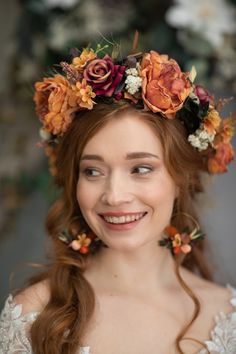 Orange Boho Flower Crown Fall Hair Accessories Autumn Flower - Etsy Orange Flower Crown, Bohemian Flower Crown, Autumn Hair Accessories, Rustic Bride, Rose Flower Crown, Boho Flower Crown, Wedding Hair Wreath, Hair Crown, Hair Wreaths