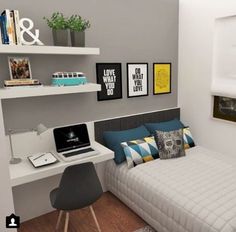 a small bedroom with a bed, desk and laptop on the shelf next to it