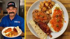 a man holding a plate of food next to an image of eggs, potatoes and meat