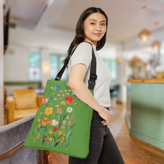 Grow in Grace scripture with wildflowers tote bag is multipurpose shoulder bag that is stylish and practical.  Perfect for many occasions and fashion outfits and occasions such as school, bible study, work, travel, or shopping.  Interior black lining         Zippered interior pocket on one side 3 Interior pockets on the other side Available in 2 sizes 16x16 and 18x18 100% Spun polyester Adjustable strap for extra convenience  16" × 16''18" × 18'' Width, in16.0018.00 Height, in16.0018.00 Strap le Green Tote Satchel For Spring, Spring Green Tote Satchel, Green Canvas Tote Bag With Top Carry Handle, Spring Tote Shoulder Bag As Gift, Spring Tote Shoulder Bag For Gift, Spring Gift Shoulder Bag With Double Handle, Spring Canvas Gift Bag For Everyday Use, Spring Tote Shoulder Bag With Adjustable Handle, Green Bags For On-the-go Spring Season