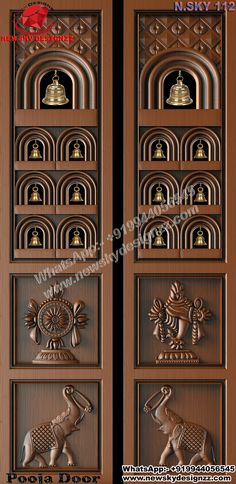 two wooden doors with decorative designs and bells on the front, side and back panels