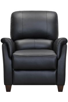 a black leather reclining chair with wooden legs and arm rests on an isolated white background