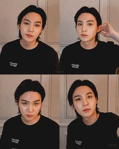 four different shots of a young man with black hair, wearing a black t - shirt