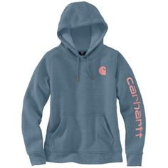 Cold winter mornings are a lot more comfortable with this women's hoodie. Made of heavyweight fleece, the sweatshirt is brushed on the inside for extra softness. It has a relaxed fit that allows for easy layering, and it's finished with a Carhartt logo down the sleeve. 10.5-ounce, 73% cotton / 27% polyester Three-piece hood with drawcord Rib-knit cuffs and waist help keep out the cold Front pouch pocket Carhartt signature logo printed on sleeve; Carhartt 'C' graphic on front Country of Origin: I Carhartt Sweatshirts, Carhartt Logo, Carhartt Hoodie, Carhartt Womens, Carhartt Women, Marine Blue, Three Piece, Graphic Hoodie, Outerwear Women