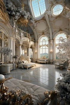 an elaborately decorated living room with high ceilings