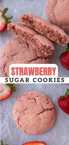 strawberry sugar cookies are shown with strawberries on the side and in the foreground