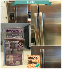 the refrigerator door is shiny silver and has been replaced with rejuvenate stickers