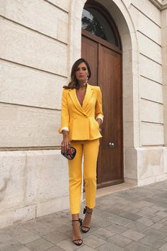 Yellow Suit Women Classy, Dj Club, Yellow Suit, Yellow Blazer, Dresses Cocktail, Yellow Fashion