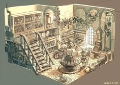 a drawing of a room with stairs, bookshelves and other things in it